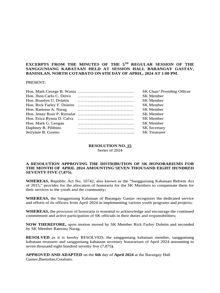RESOLUTION 15, SK Hono April | PDF | Youth | Youth Organizations