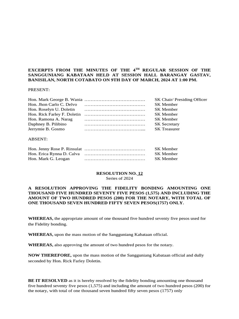 SK Session Minutes: March 2024 Resolution | PDF | Youth | Youth ...