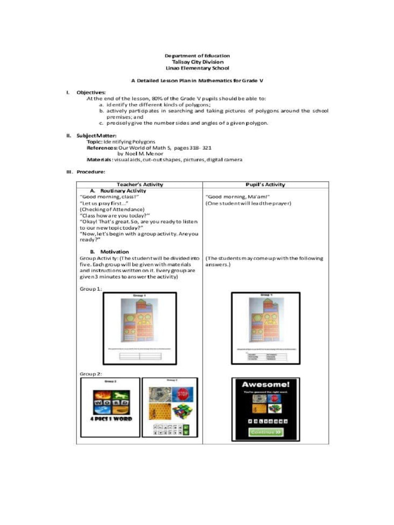 CO Lesson Plan in Math Polygons | PDF