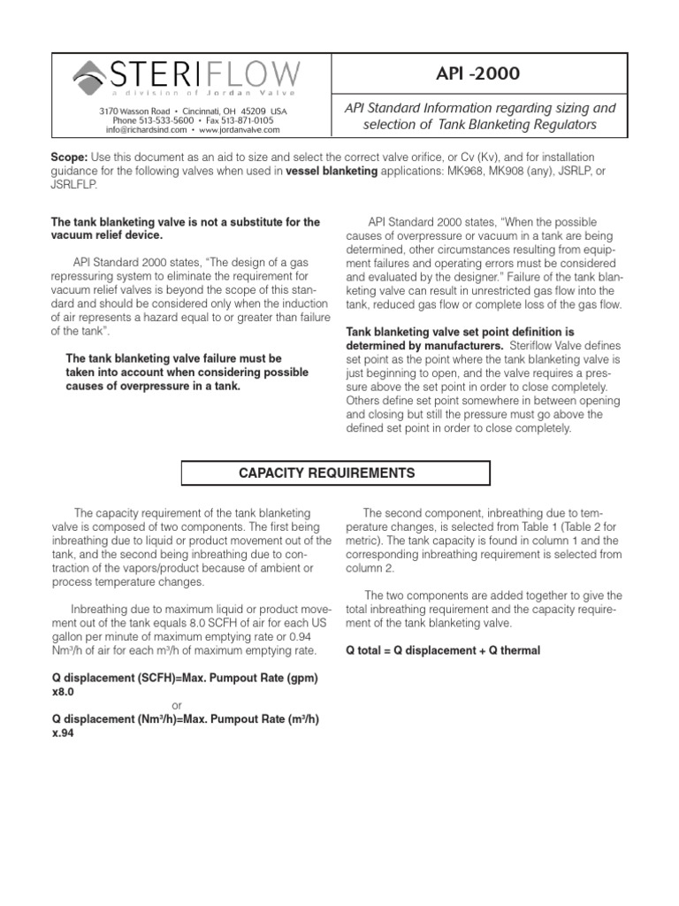 Blanket Gas Regulator Selection and Guidelines - API - 2000 - Im | PDF ...