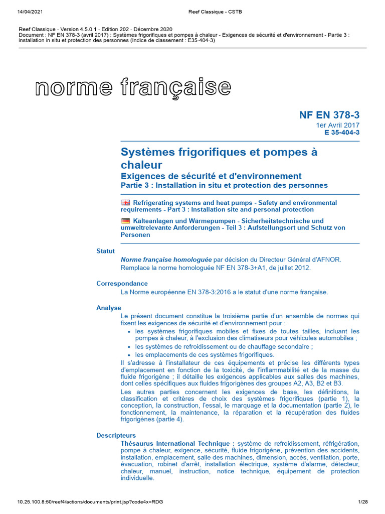 Norme NF EN 378-3: Sécurité Frigorifique | PDF | Ventilation ...