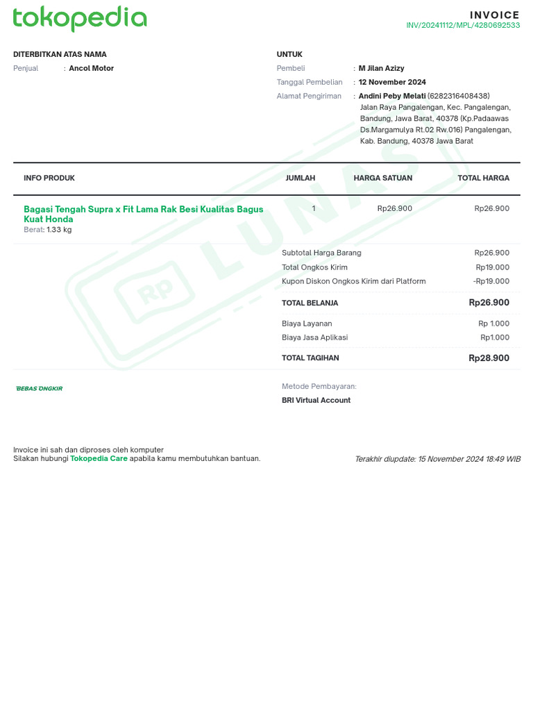 Invoice Pembelian Ancol Motor | PDF