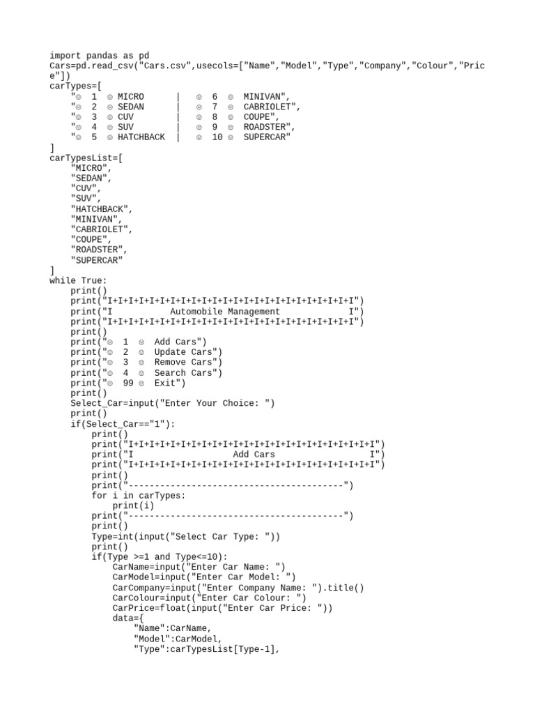 Car Management System in Python | PDF | Motor Vehicle | Front Wheel ...