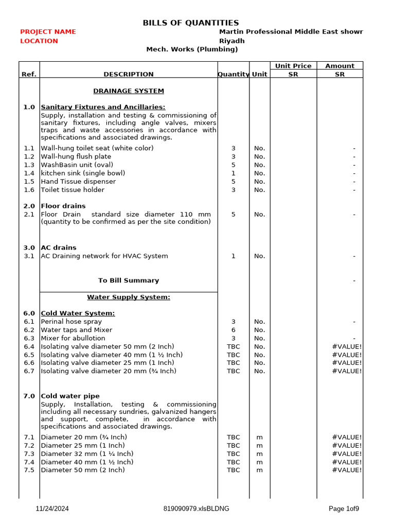 Plumbing Bill of Quantities for Riyadh | PDF | Pump | Valve