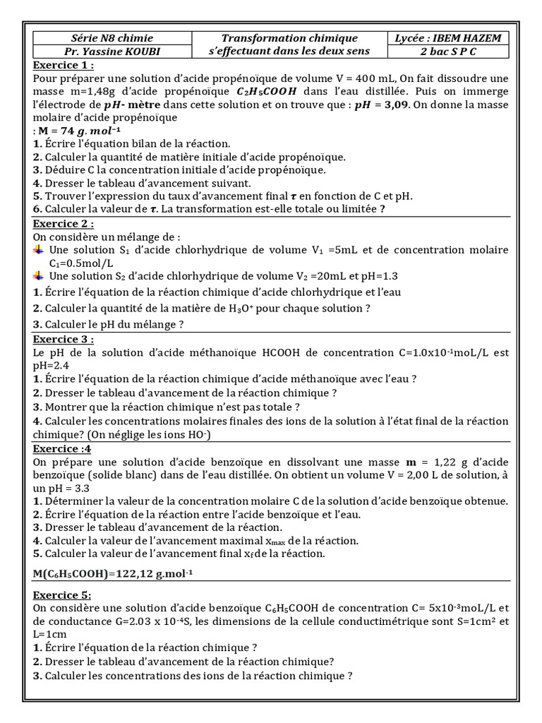 Exercices de chimie sur les acides et pH | PDF | Acide | Concentration ...