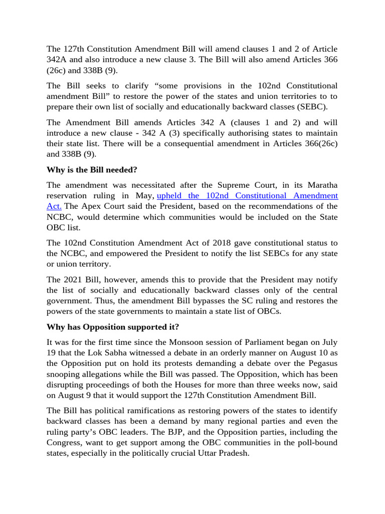 127th Amendment Notes Pdf Legal Documents Public Law