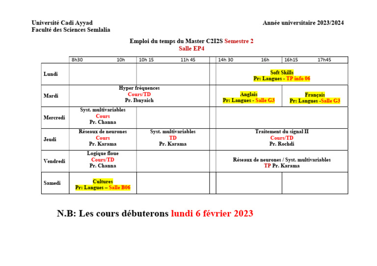 Emploi du temps Master C2I2S Semestre 2 | PDF