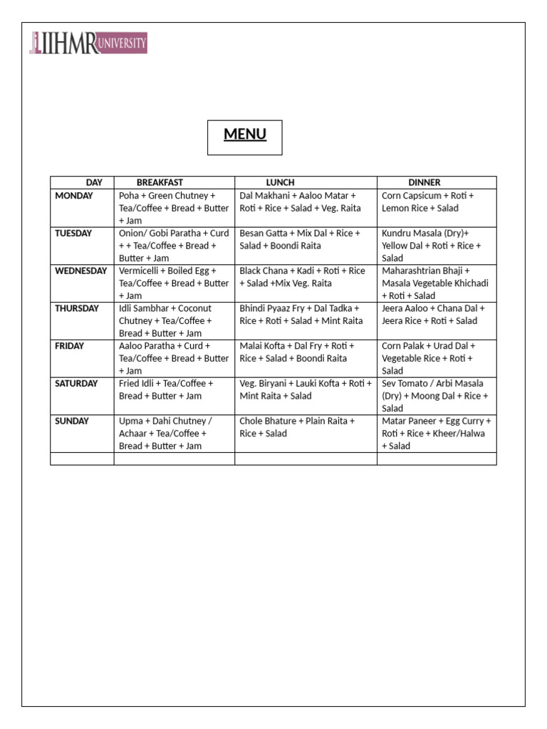 Weekly Meal Plan and Snack Menu | PDF | South Asian Cuisine | Indian ...