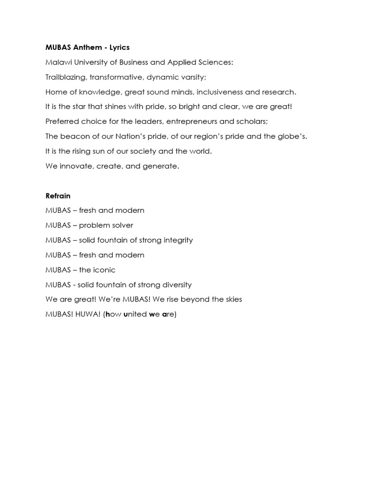 MUBAS Anthem Lyrics | PDF