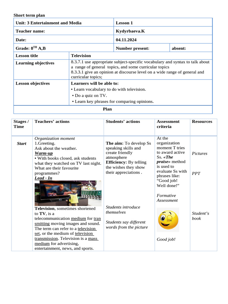 8th Grade TV Lesson Plan Overview | PDF | Question | Linguistics