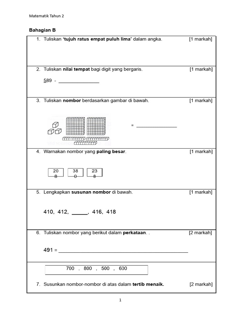 Soalan Latihan Matematik Tahun 2 | PDF