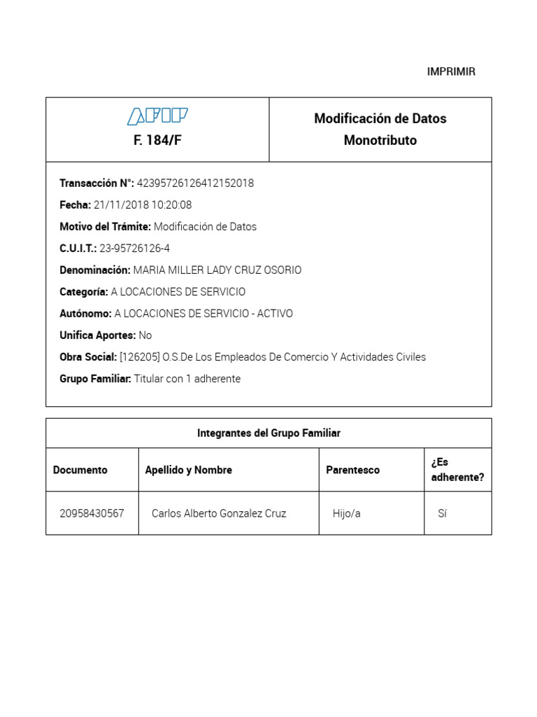 Formulario 184/F Modificación Monotributo | PDF