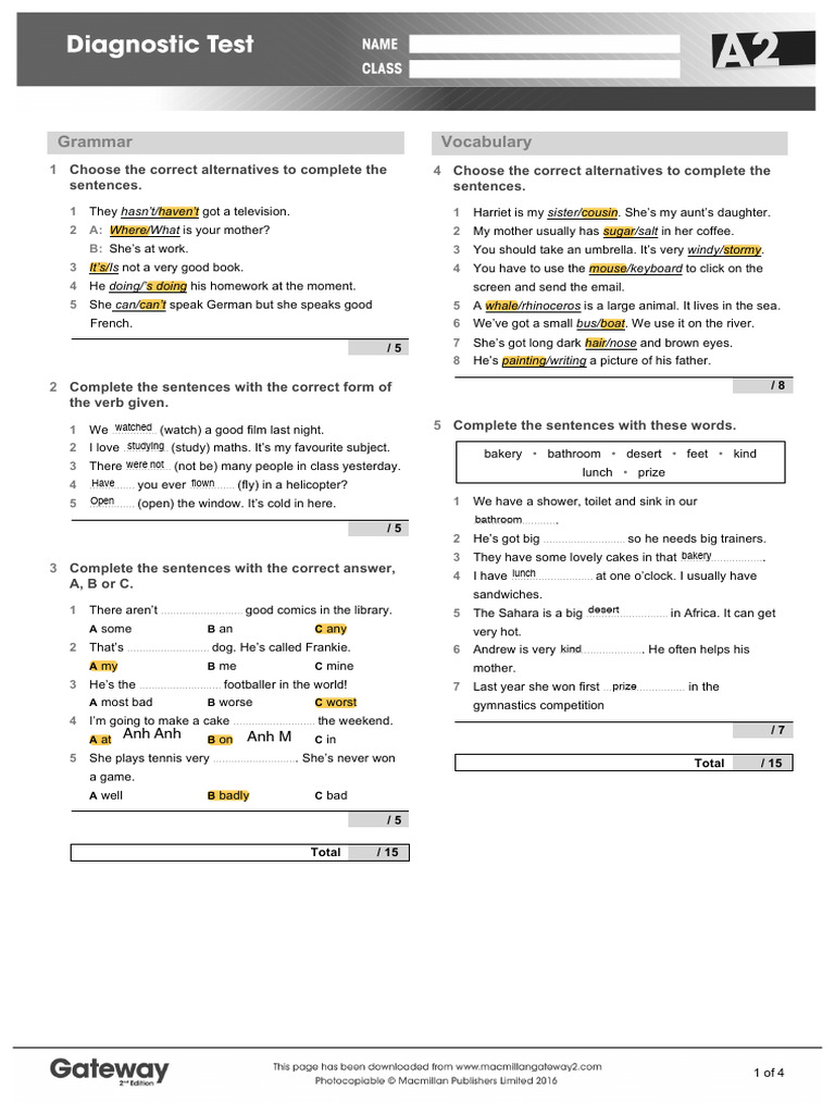 A2 Diagnostic Test | PDF