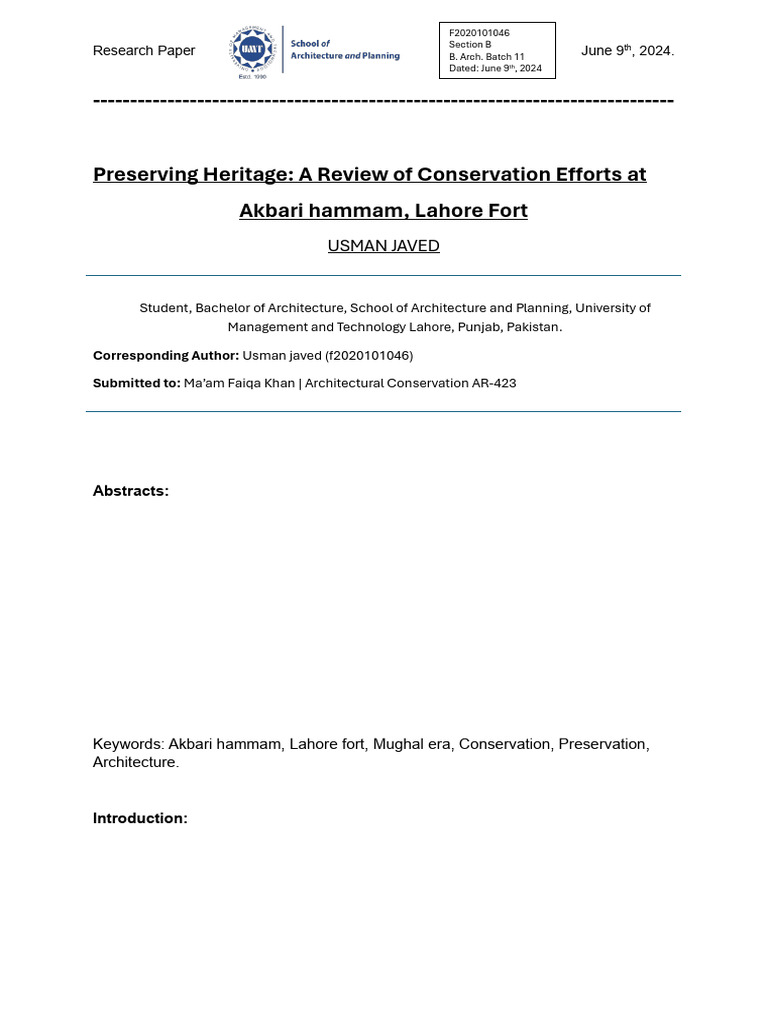 Conservation of Akbari Hammam Heritage | PDF | Lahore | Mughal Empire