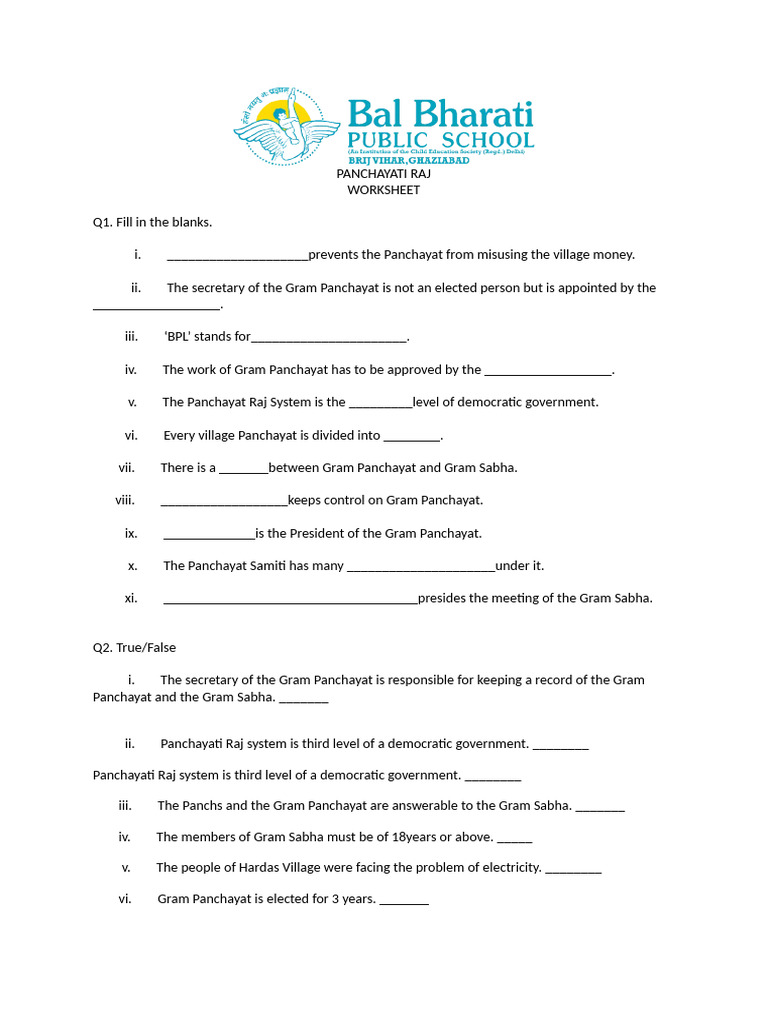 Panchayati Raj Worksheet PDF