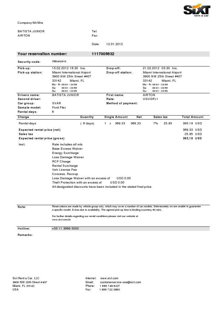 Miami Car Rental Confirmation Details | PDF