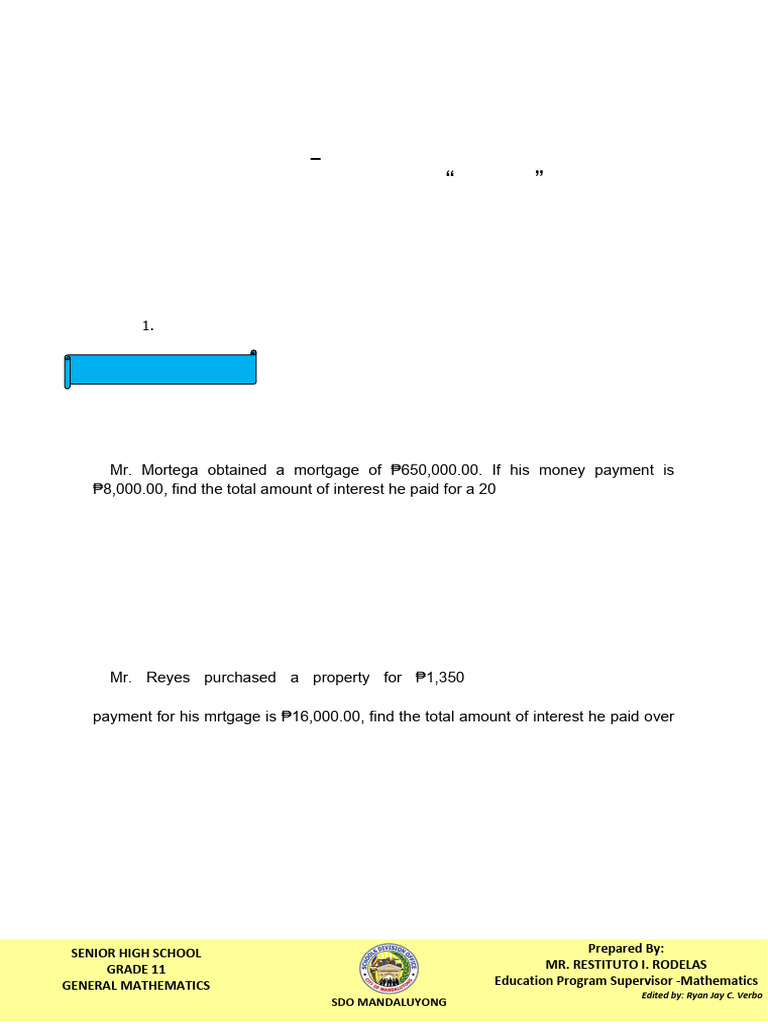 Activity Sheet 35 - Gr.11 - Mortages | PDF | Mortgages | Interest