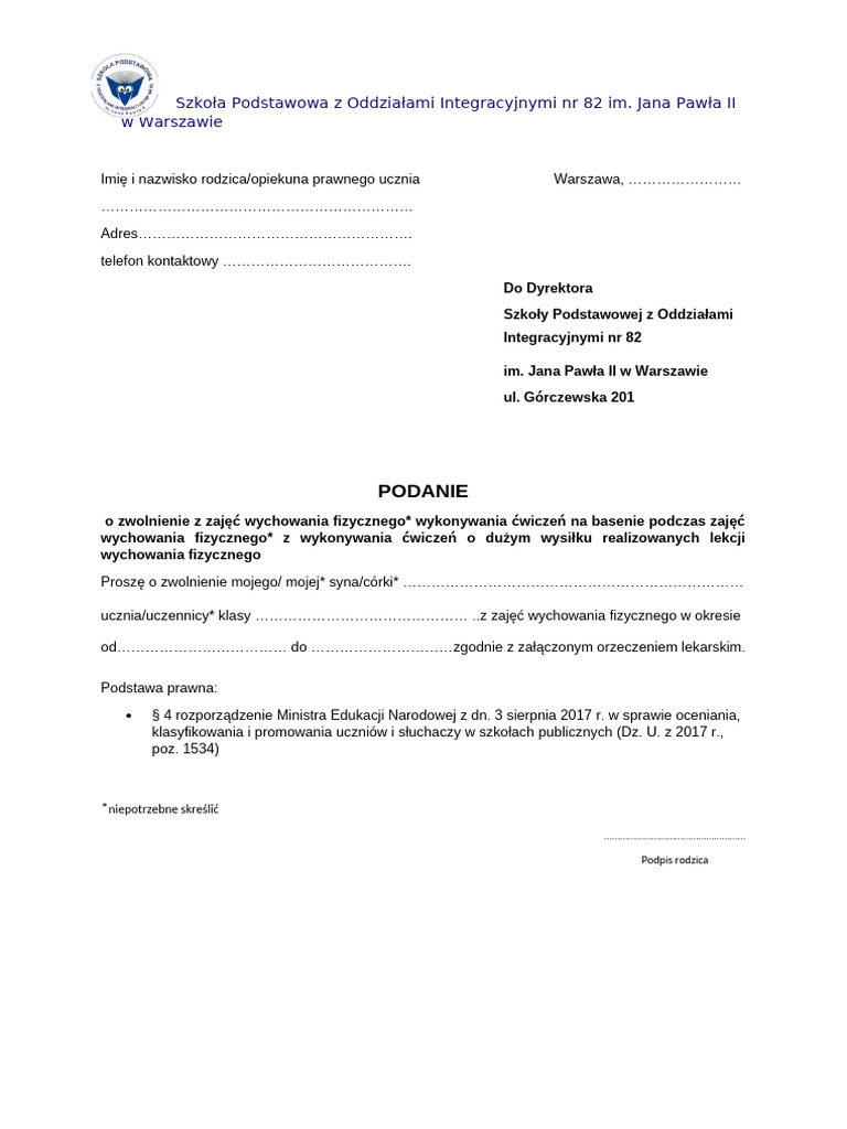 Jak Napisać Zwolnienie Z Wf Z Powodu Niedyspozycji Podanie_o_zwolnienie_z_WF-u | PDF
