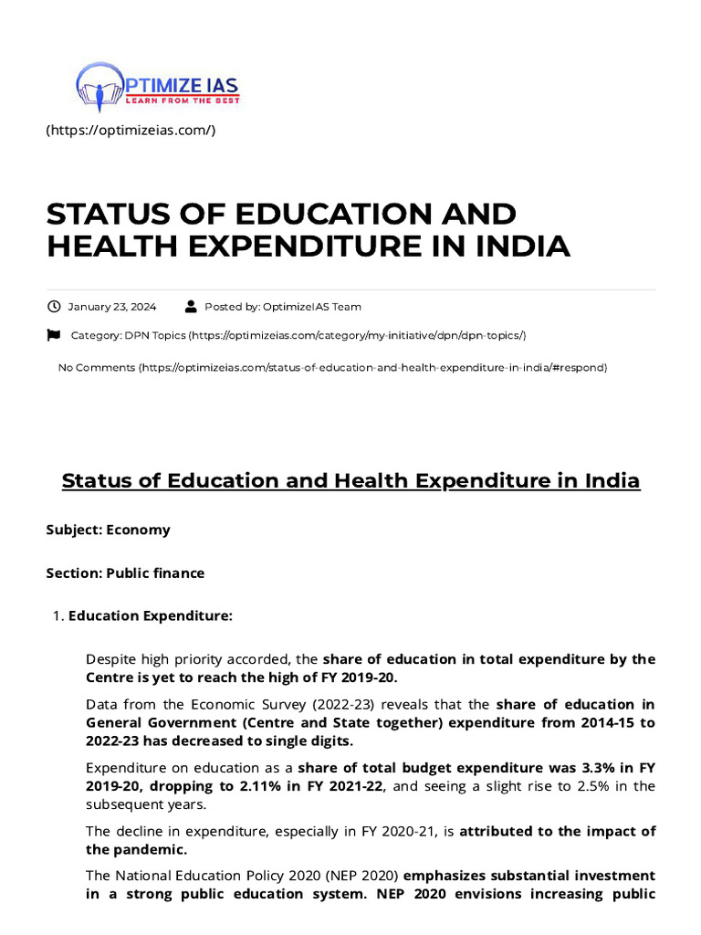 Status of Education and Health Expenditure in India - Optimize IAS ...