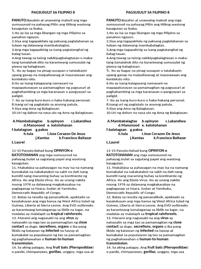 Pagsusulit Sa Filipino 8 | PDF