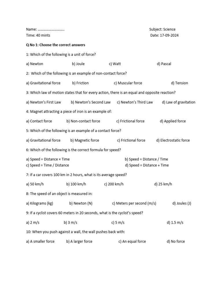 Science Quiz on Forces and Motion | PDF | Force | Metrology