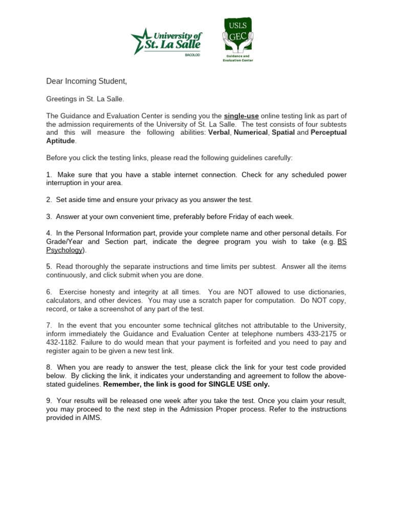Instructions For Admission Testing Entering Freshmen 2024 25 2 | PDF ...