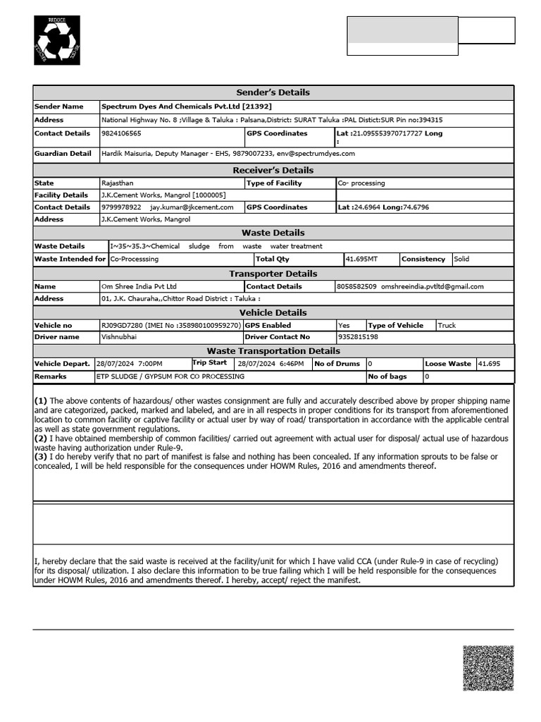Hazardous Waste Manifest for J.K. Cement | PDF | Waste | Pollution