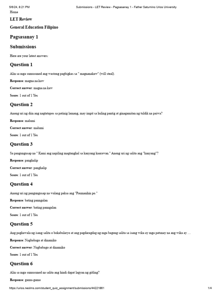 Pagsasanay 1 Submissions: General Education Filipino | PDF
