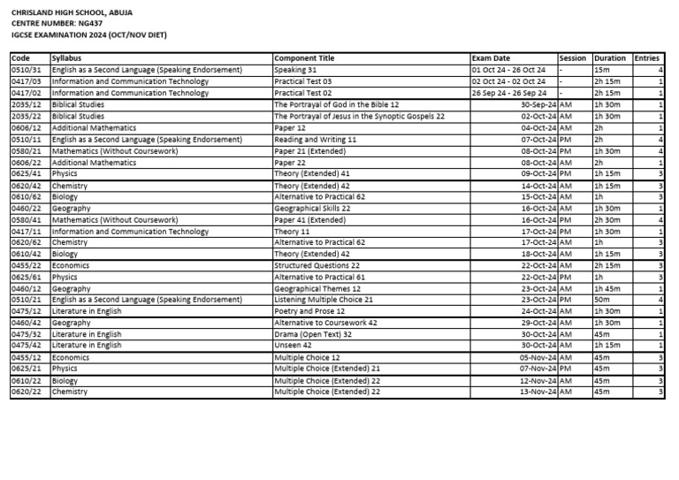 IGCSE Exam Schedule 2024: Oct/Nov | PDF
