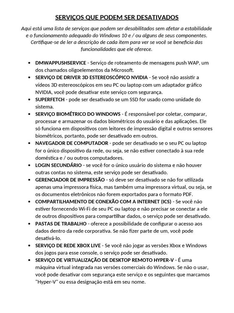 Serviços Desnecessários do Windows 10 | PDF | Rede de computadores ...