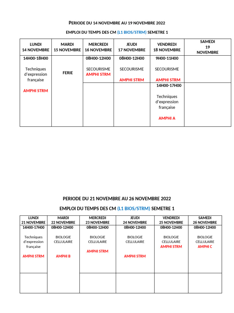 Emploi du temps L1 BIOS/STRM 2022-2023 | PDF