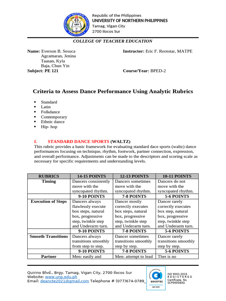 Dance Performance Assessment Rubrics | PDF | Dances | Rubric (Academic)
