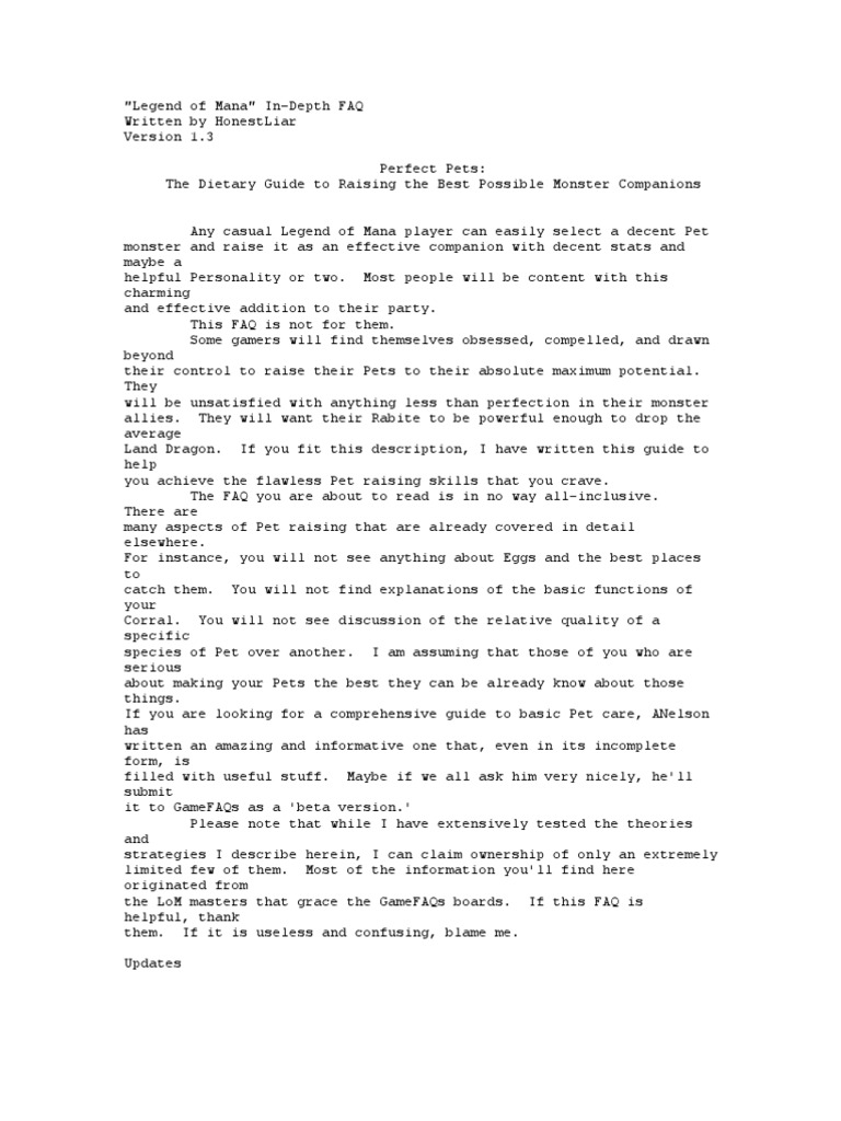 Legend of Mana Pet Raising PDF Statistics Leisure