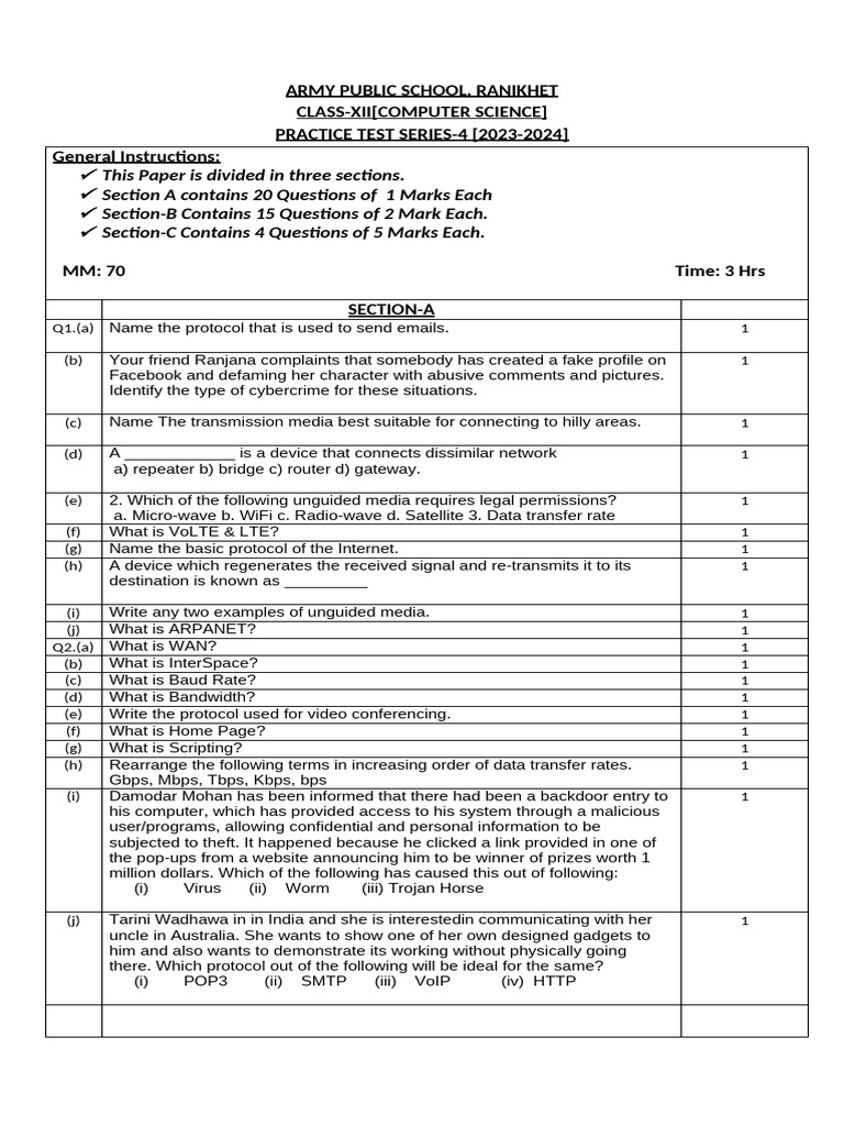 Class XII Computer Science Practice Test 4 | PDF | Computer Network ...