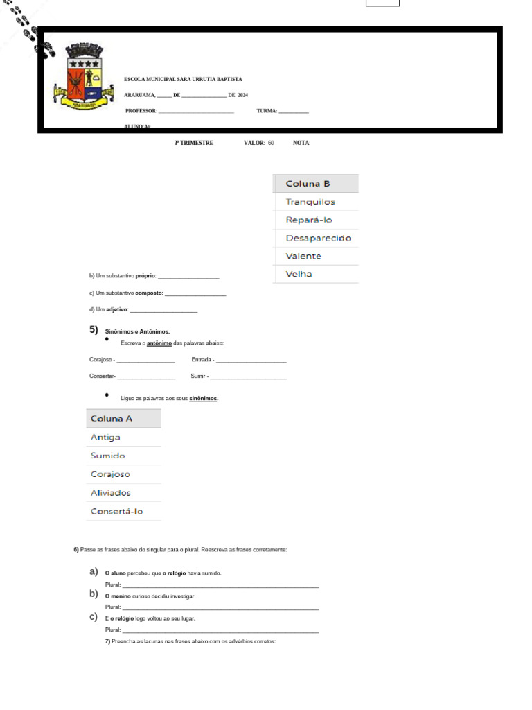 AVALIAÇÃO DE PORTUGUÊS 3 Trimestre - Flávia | PDF | Pronome | Plural