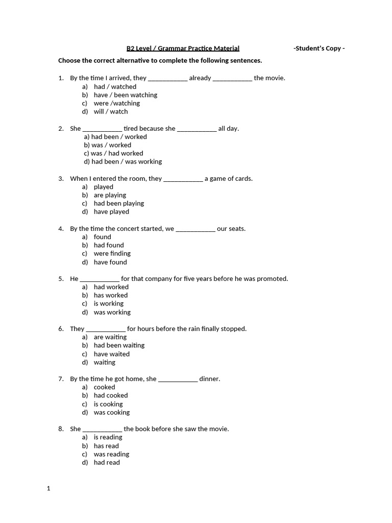 B2 Past Perfect Grammar Exercises | PDF