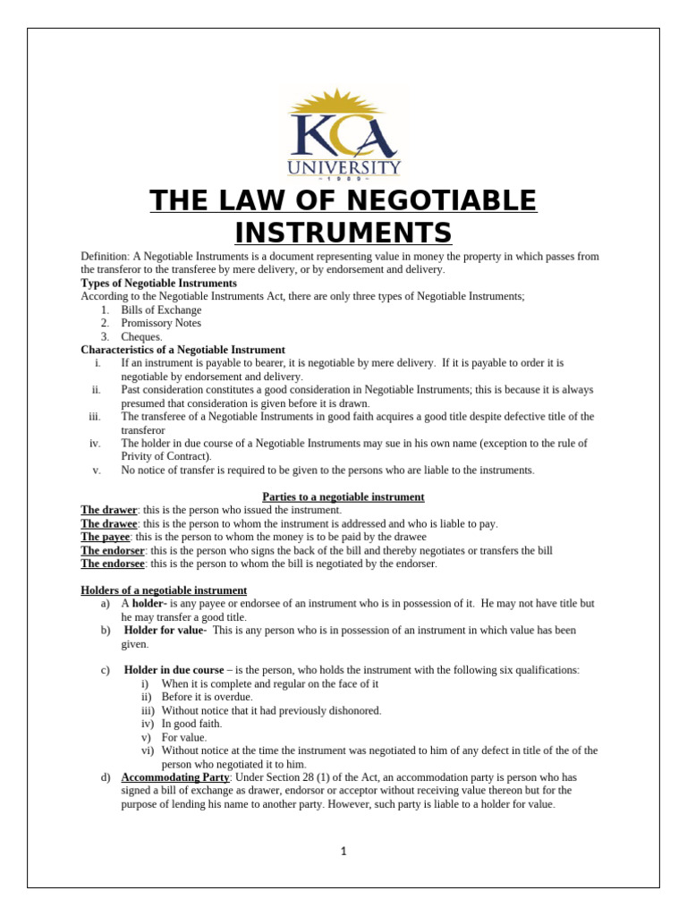 Law of Negotiable Instruments Explained | PDF | Negotiable Instrument ...
