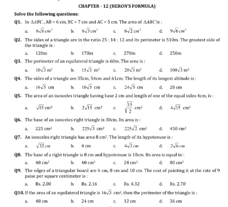 Worksheet Herons Formula 9th PDF