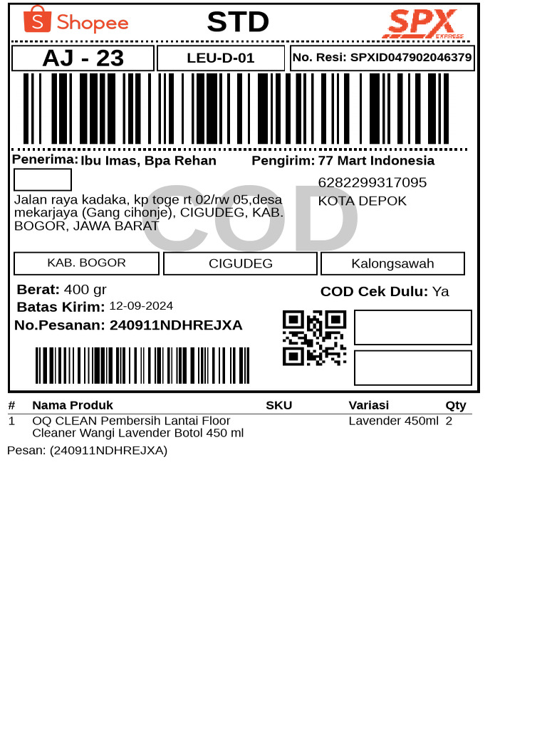 COD Order Details for OQ CLEAN 450ml | PDF