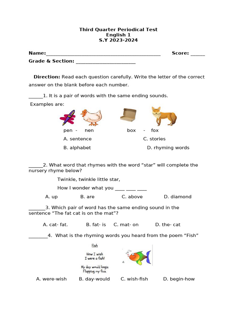 Grade 1 Third Quarter Test | PDF | Sentence (Linguistics)