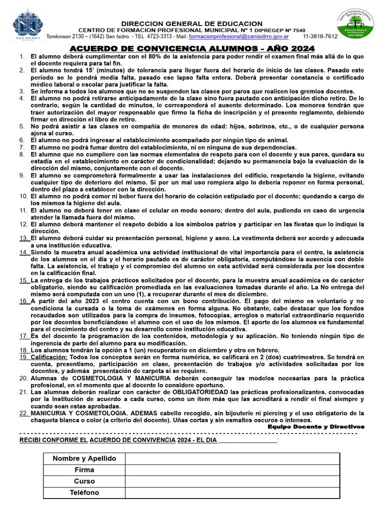 Acuerdo de Convivencia 2024 para Alumnos | PDF | Maestros | Salón de clases