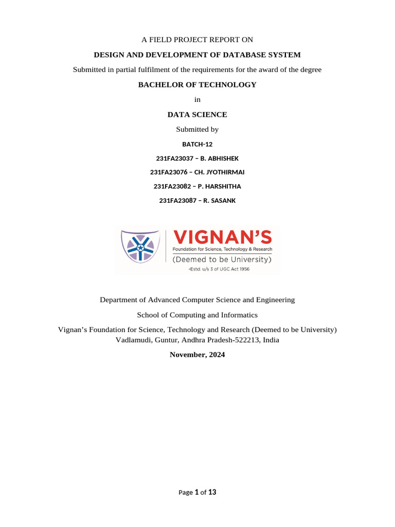 Batch 12 Field Project Report | PDF | Databases | Database Design