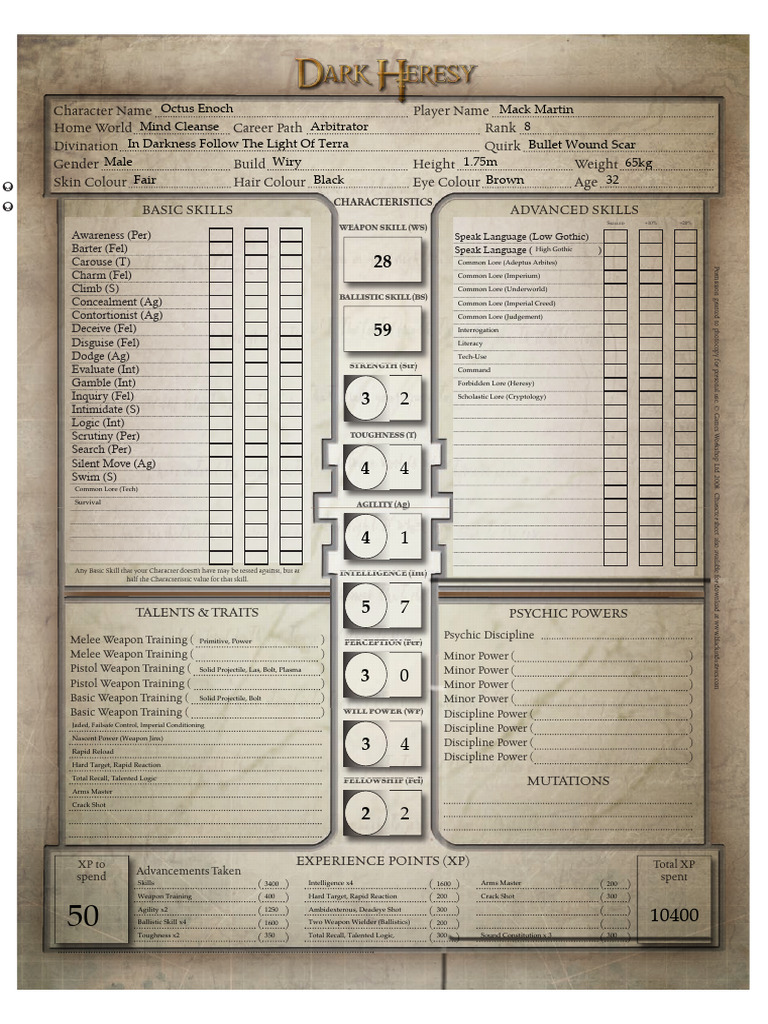 Character Sheet for Dark Heresy RPG | PDF | Projectiles | Ballistics