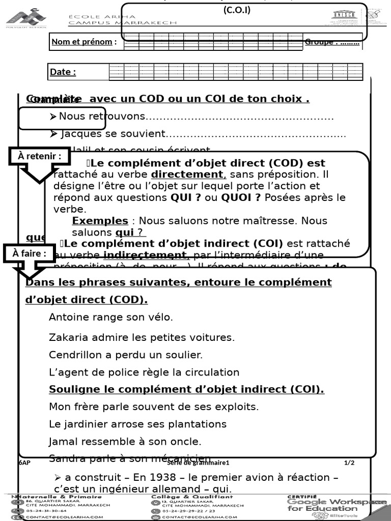 Exercices sur COD et COI | PDF | Complément d'objet | Mécanique du langage