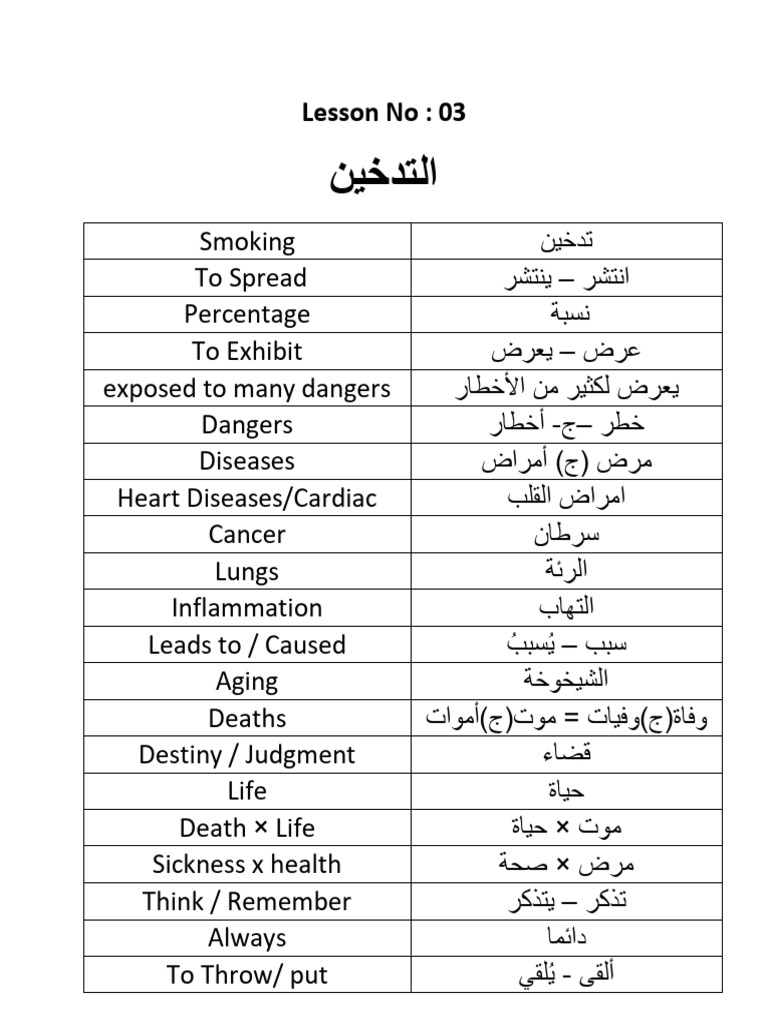 Notes - Lesson 03 - التدخين | PDF