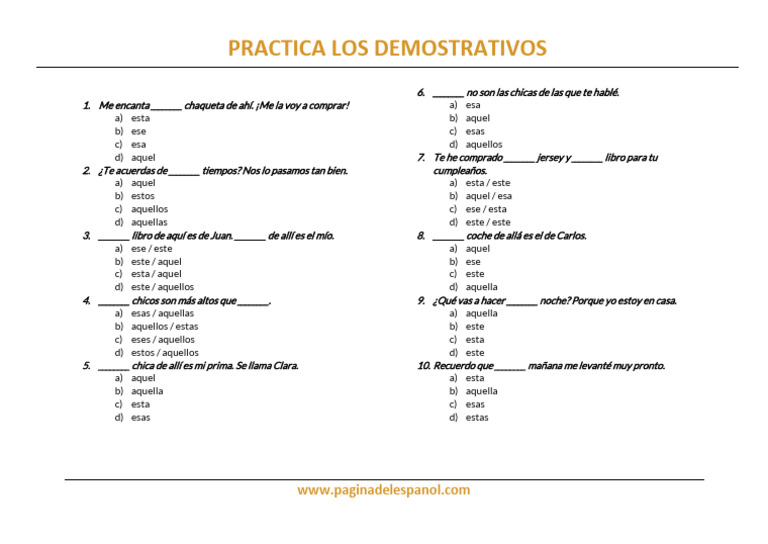 Ejercicios de adjetivos demostrativos | PDF