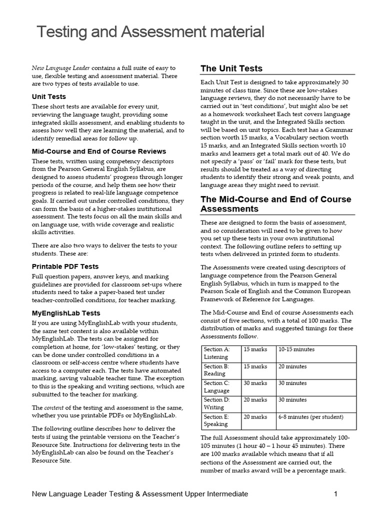Upper Intermediate Language Assessment Guide | PDF | Question | Teachers