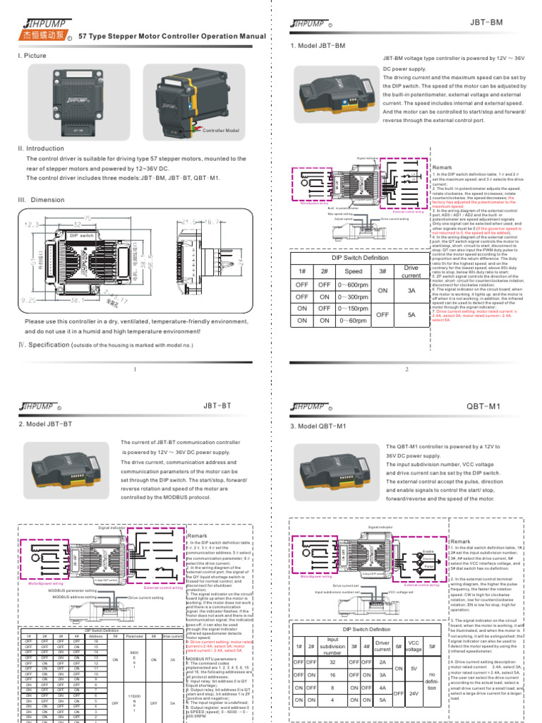 JBT-BM Stepper Motor Controller Manual | PDF | Switch | Power Supply