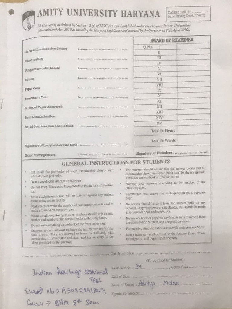 Amity University Exam Instructions | PDF