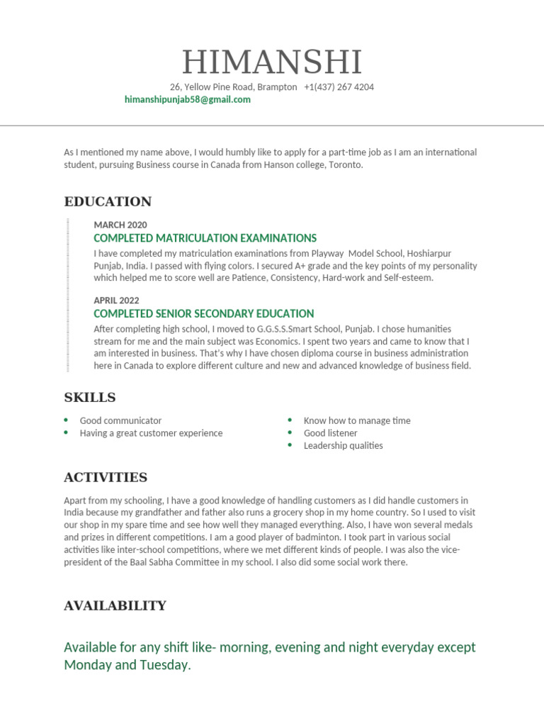 Part-Time Job Application: Business Student | PDF | Career & Growth